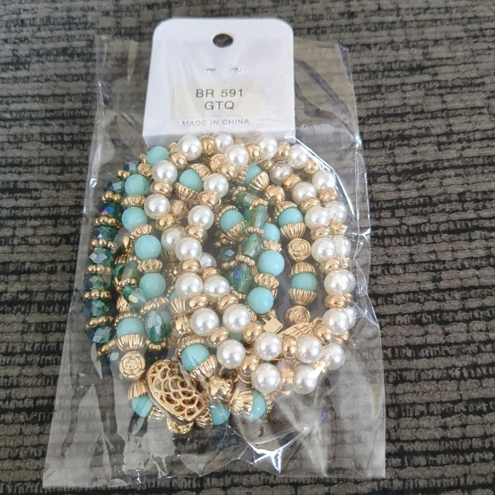 Stretch Charm Bracelet Set Turquoise Beads Pearls Love Heart Key Lock Angel Wing